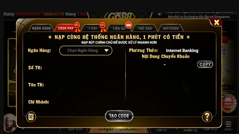 Thưởng nạp tiền go88